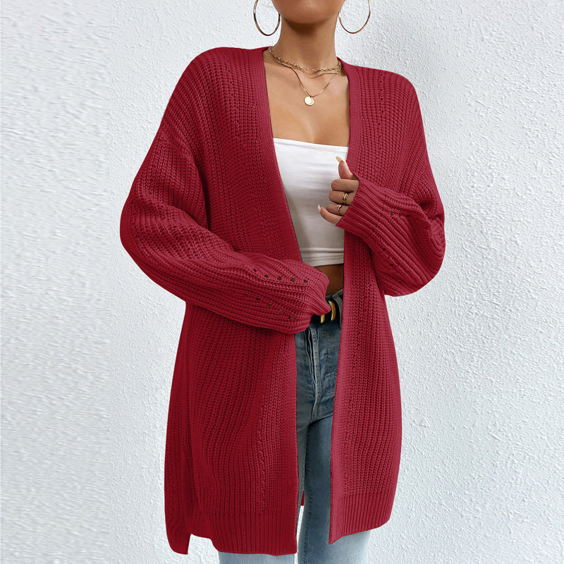 Solid Color Loose Medium Length Knitted Cardigan Sweater Jacket