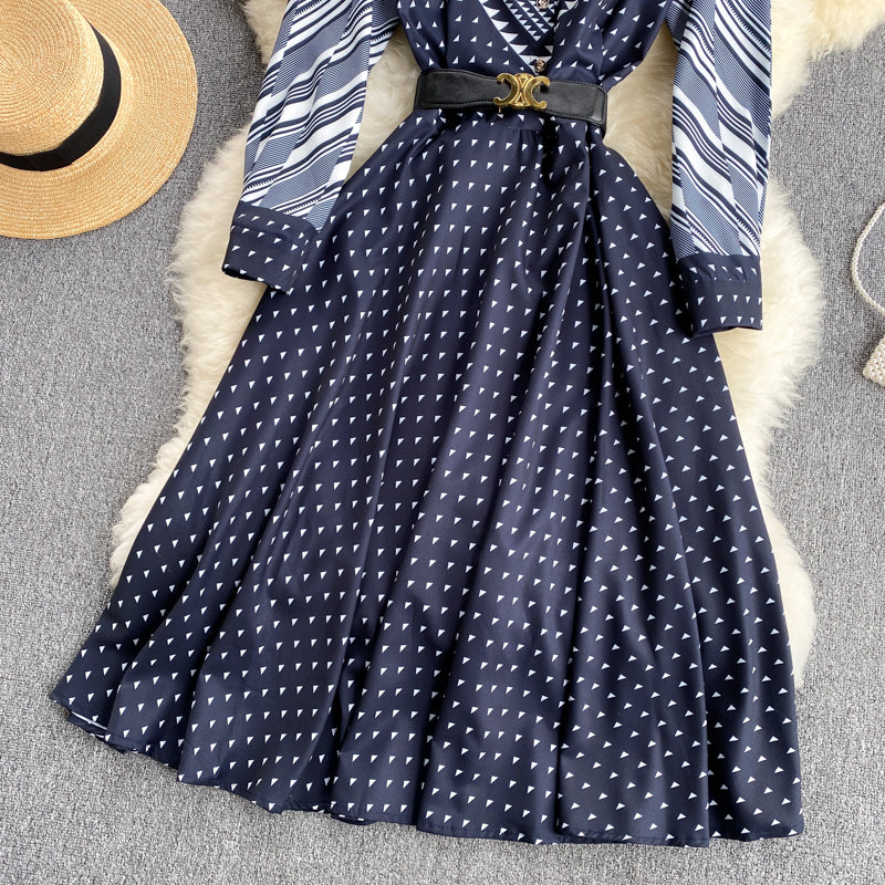 Chic Mid-Length Retro Dress Color-Blocking and Striped Print Slim Fit