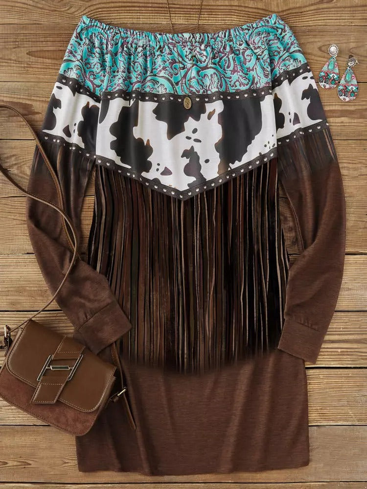 Western Tassel Print Off-shoulder Sweater Skirt