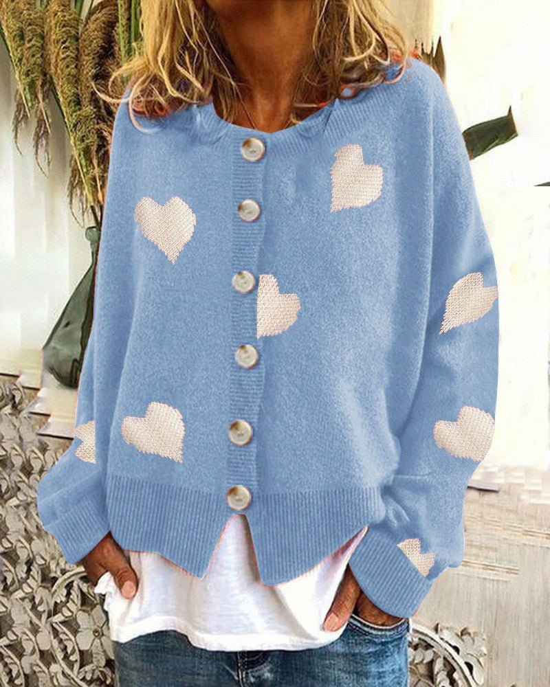 Women's Single-Breasted Cardigan Knitwear Coat Outwear with Heart Motif