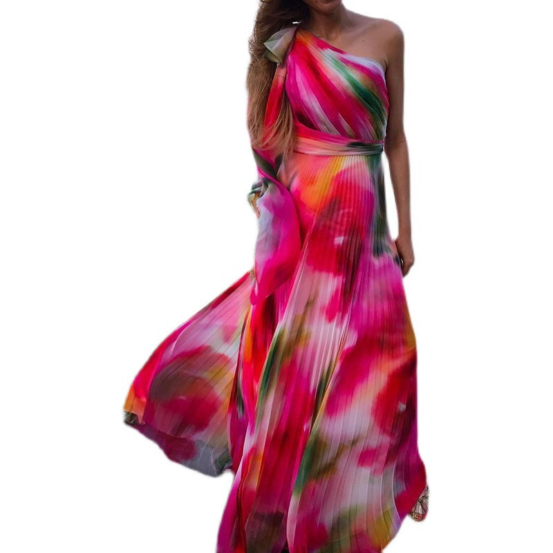 Waisted Dress with Printed Pleats