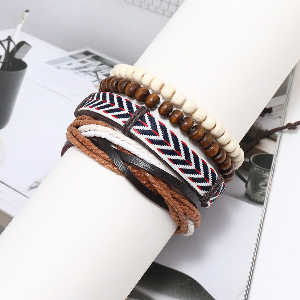 Retro Men's Wooden Bead Leather Rope Woven Beads Bracelet