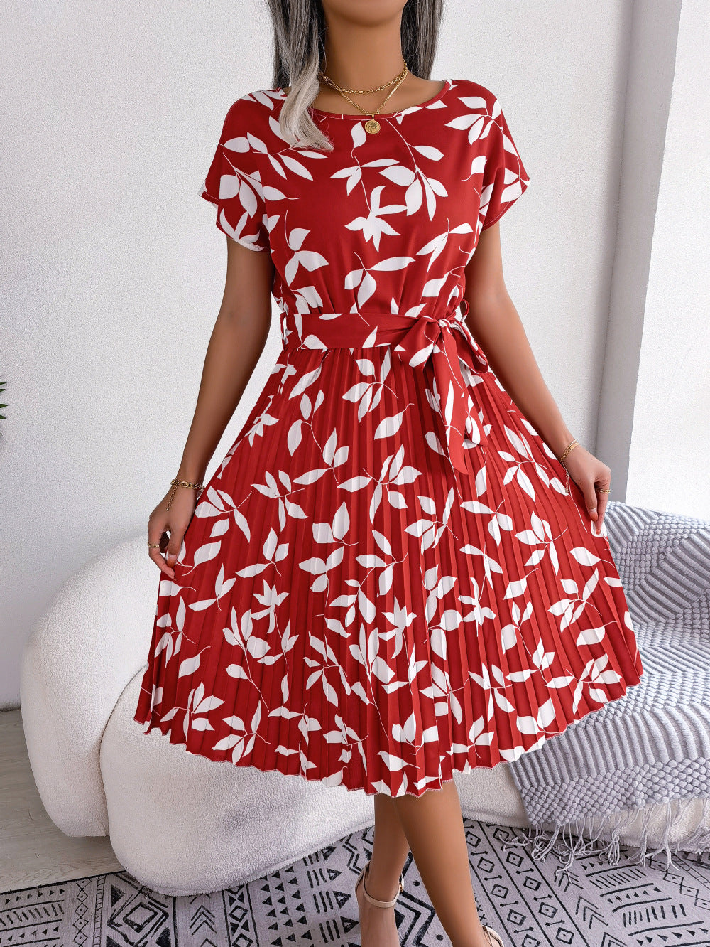 Summer Beach Dress for Women with Leaf Print, Short Sleeves, and Lace-Up Skirt