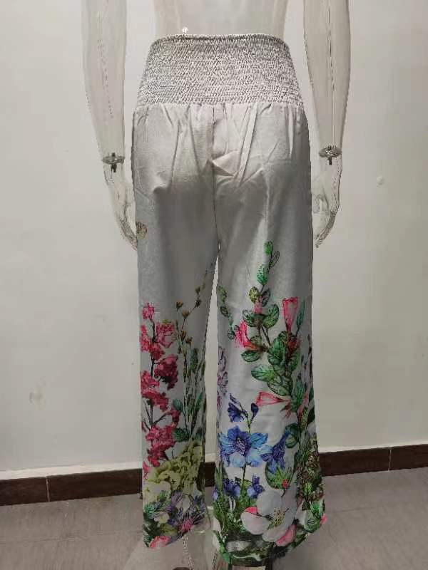 High-Waist Casual Wide Leg Pants with Elastic Printing and Pockets