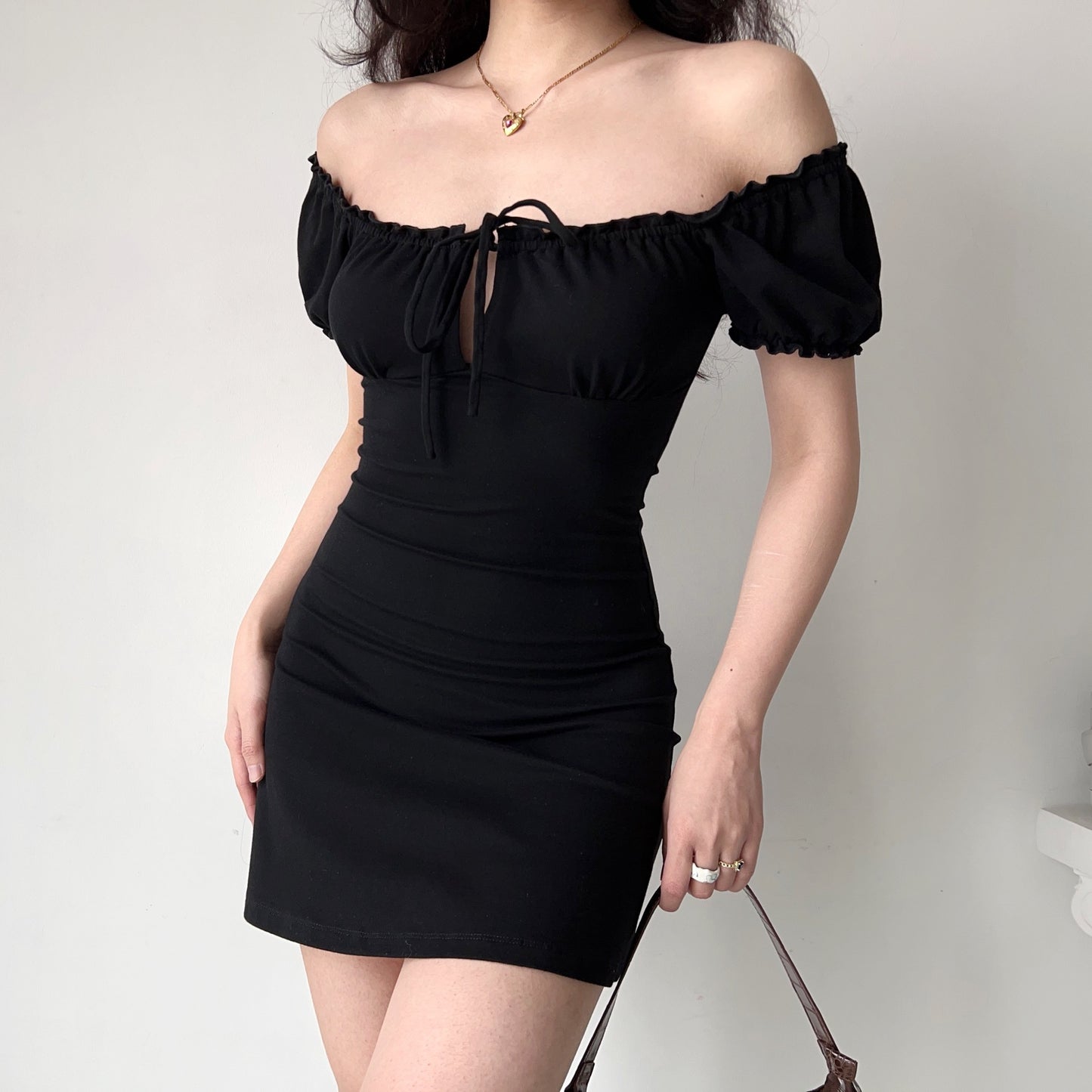 American Retro Chest Hollow Out Tied Puff Sleeve Black Dress