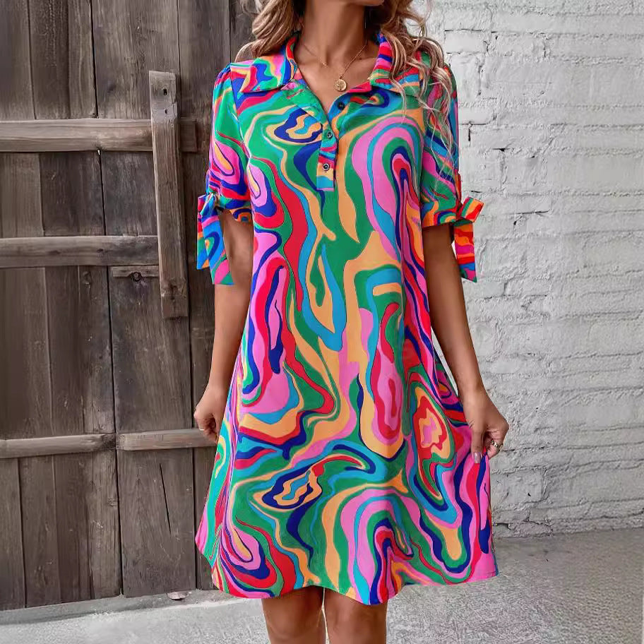 Casual Fluid Print Shirt Dress with Half Sleeves and Bow Detail