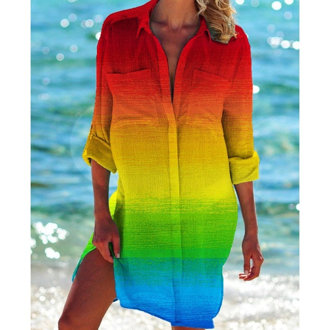 Vacation Beach Printed Shirt Bikini Cover-Up for Women