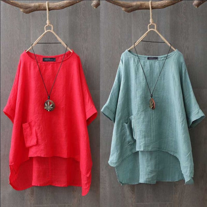 Summer Fashion Plus Size Round Neck Pocket Solid Color Irregular T-shirt Women Blouse