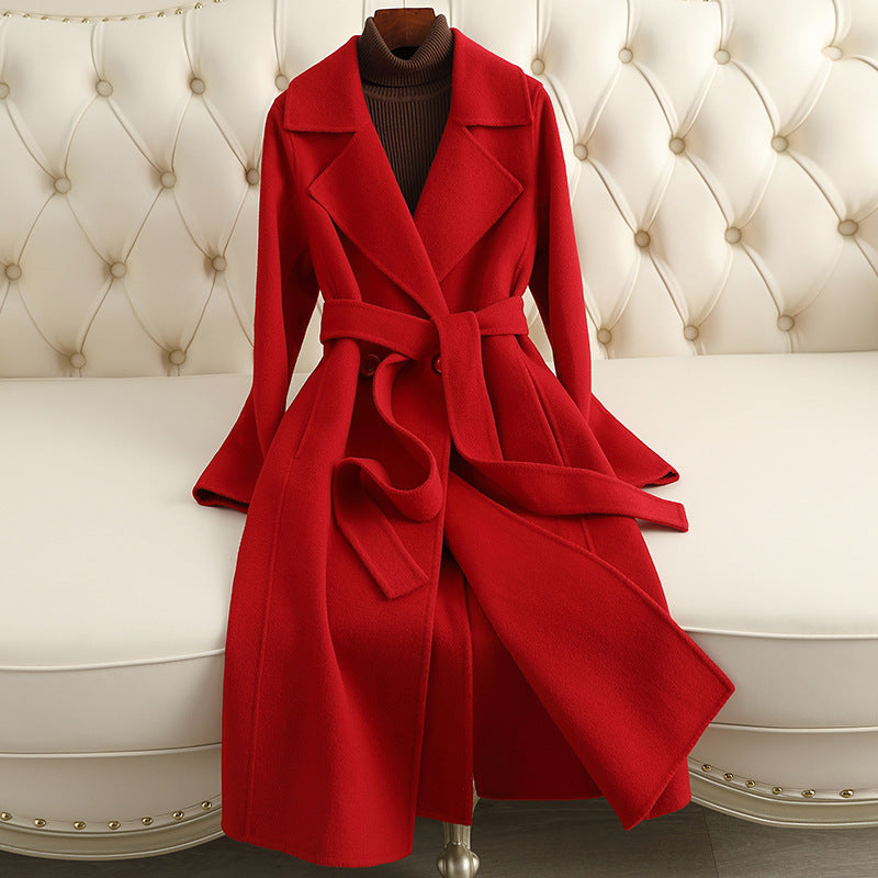 Slim-Fit Cashmere Woolen Coat, Thin and Over-the-Knee Length