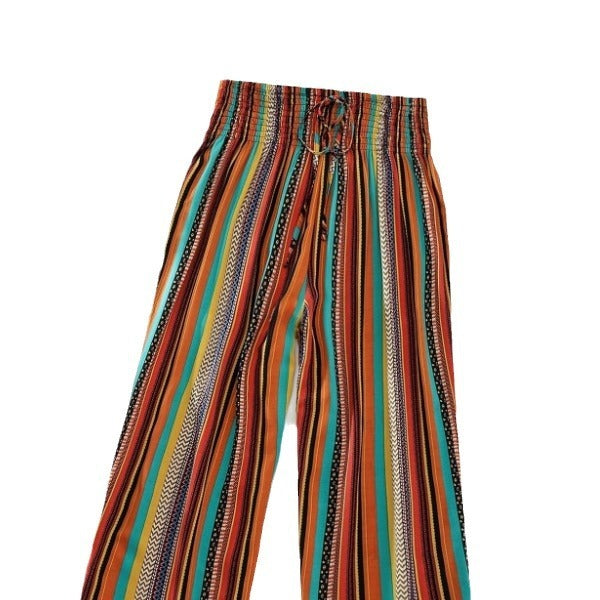 Women's Multi-Color Stripe Casual Pants with Tied Elastic Waist