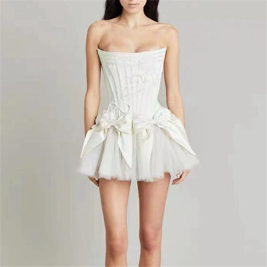 Backless Chest-Wrapped Dress with Bow and Mesh Detail for Women