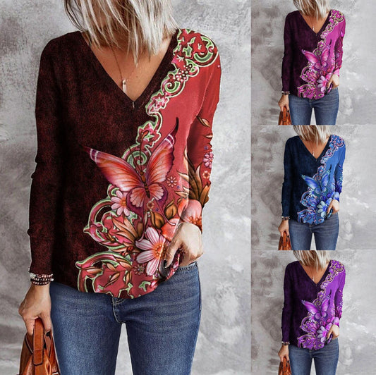 V-neck Long Sleeve Loose T-shirt for Women Flower and Butterfly Print