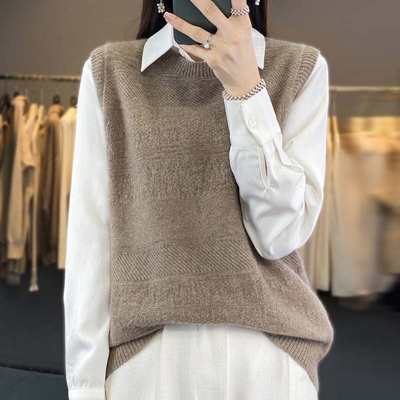 Women's Round Neck Loose-Fit Cashmere Knitted Pullover Sweater Vest