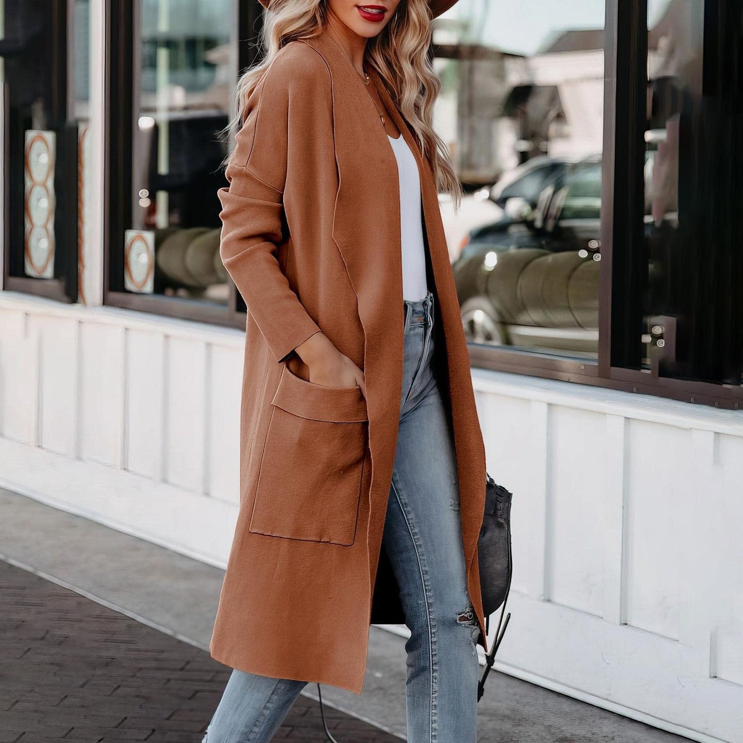 Leisure long solid color warm coat jacket for women
