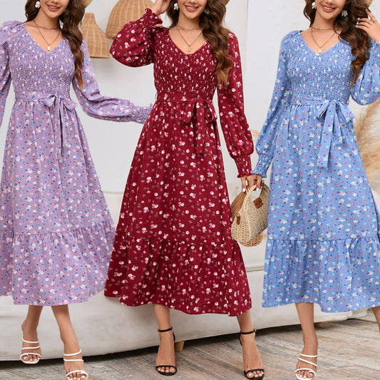 Slim-Fit Floral Long Dress for Women Long Sleeves and a Flattering V-neck