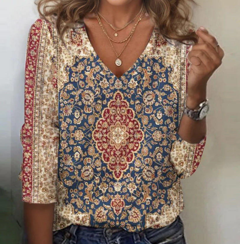 3D Butterfly Print Long Sleeve V-neck Loose Top