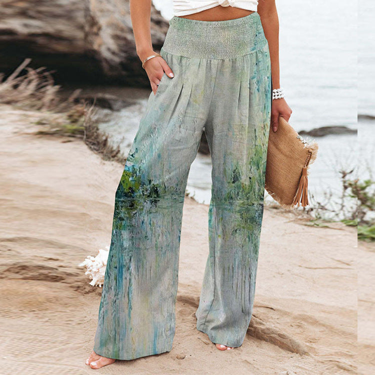 High-Waist Casual Wide Leg Pants with Elastic Printing and Pockets