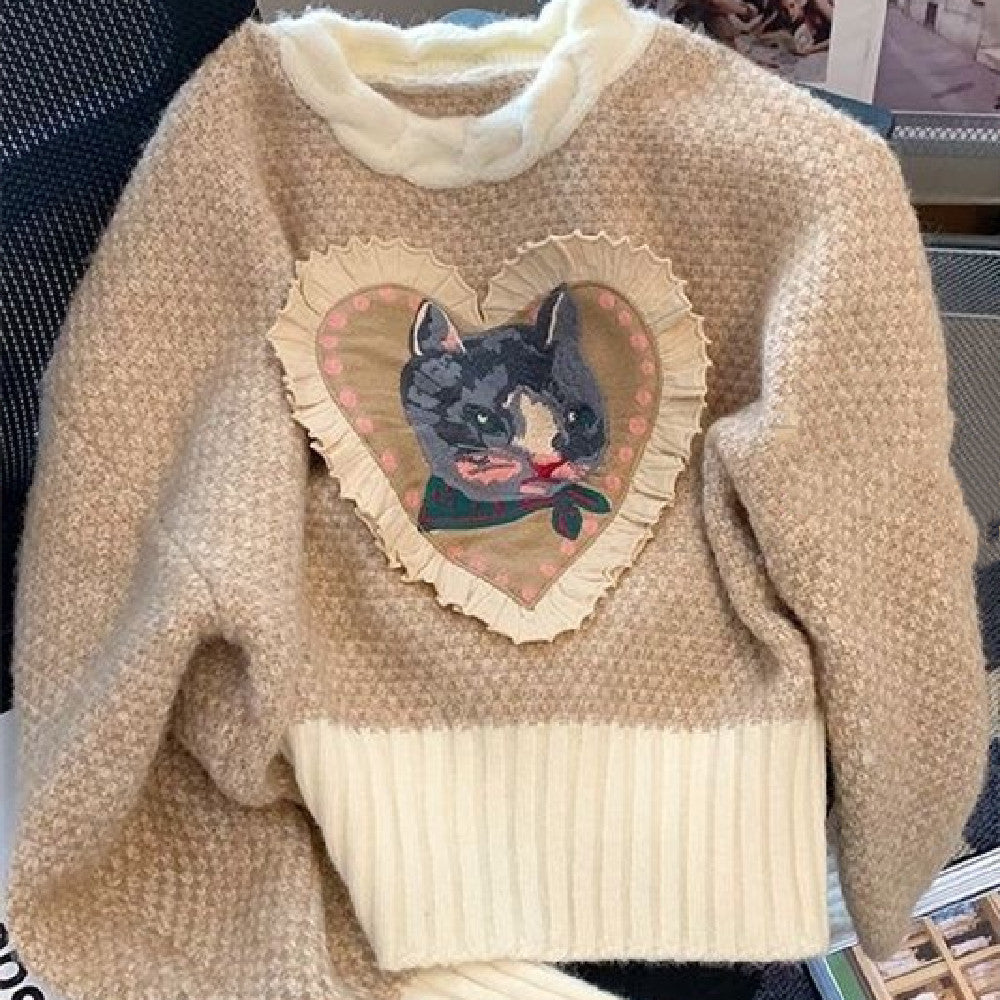 Retro Love Embroidered Crew Neck Sweater Loose