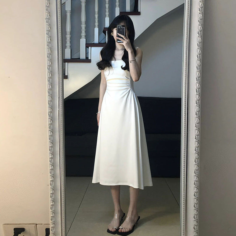 French Style Waist-controlled White Strap Dress Sense High Sense Female