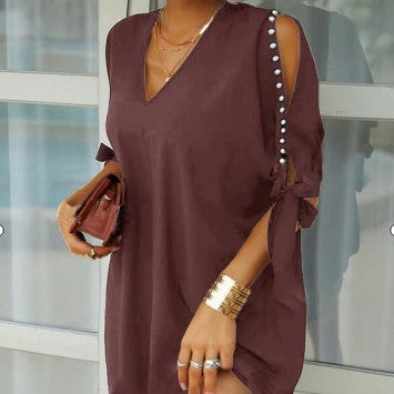 Women's V-neck Short Sleeve Solid Color Loose Dress