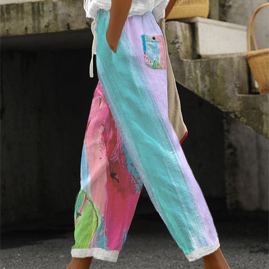 Women's Cotton And Linen Printing Paste Bags Casual Pants