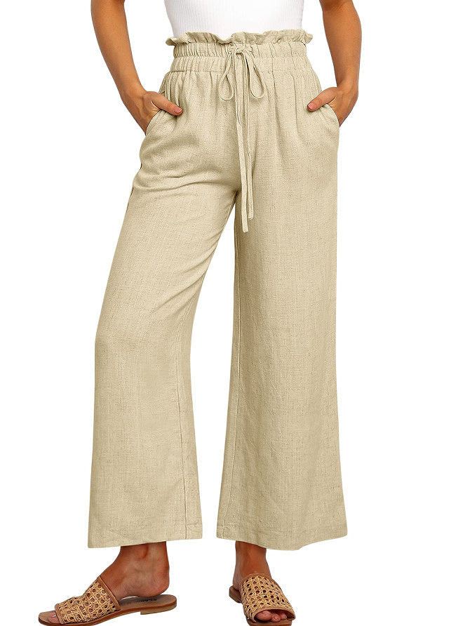 Solid Color Cropped Pants with Elastic Waistband and Lace-Up Wide Legs