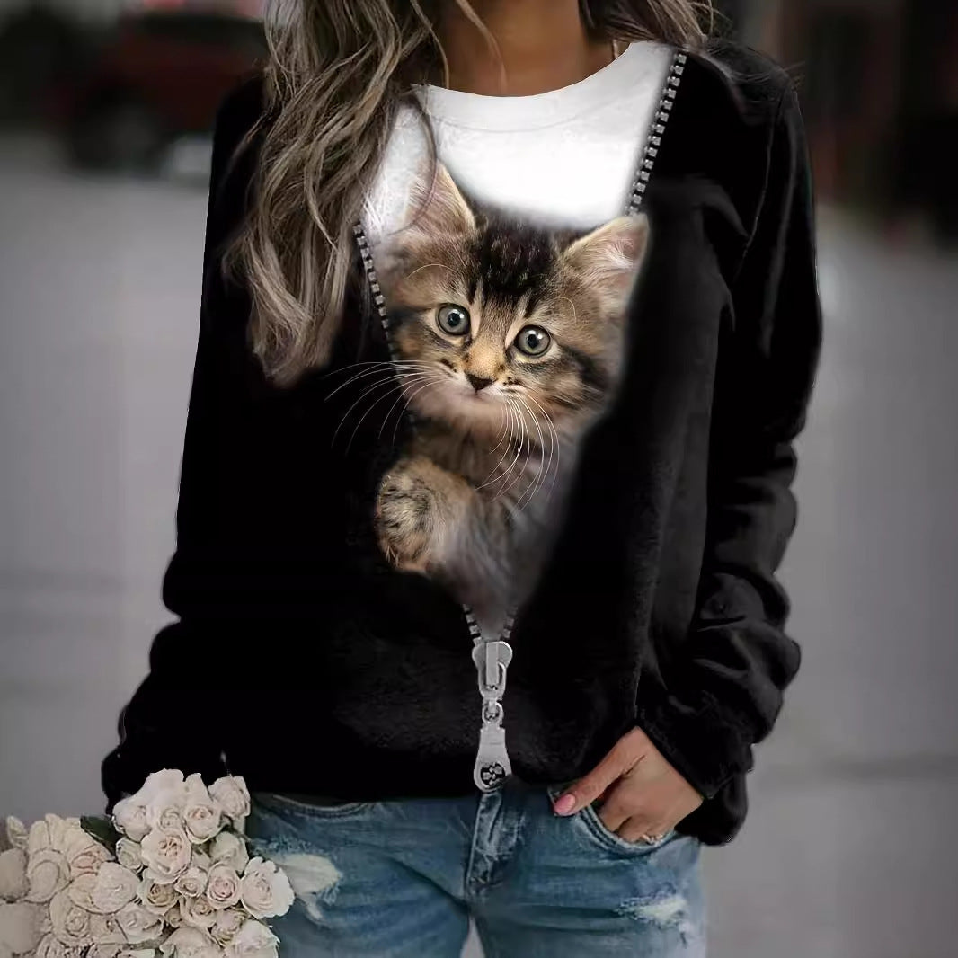 Summer Trendy Women's Commuter Top with Cute Kitten Print