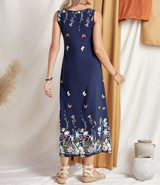 Women's Printed Butterfly Round Neck Off-Shoulder Casual Jumpsuit with Long Skirt