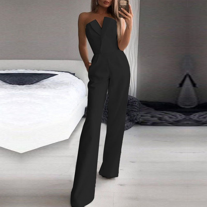Jumpsuit with slanted collar and mid waist for a stylish commuting jumpsuit