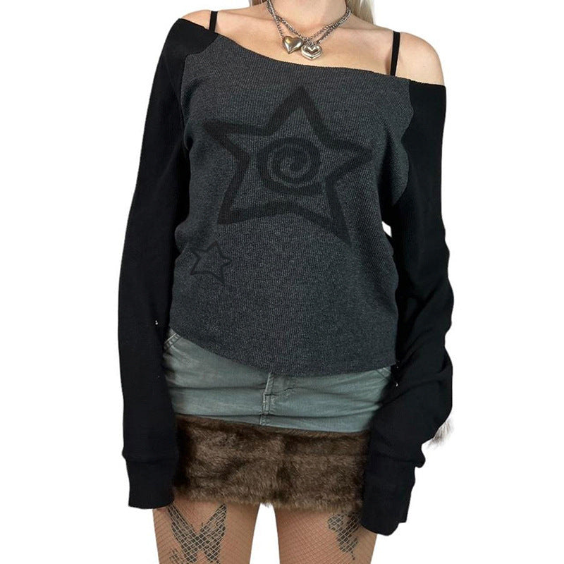 Women's Color Contrast Sweater with Hot Girl Print