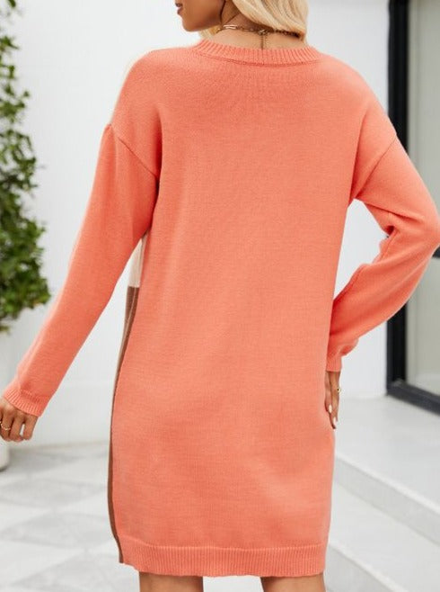 Chic Women's Loose Knitted Dress Stylish Contrasting Color Stitching