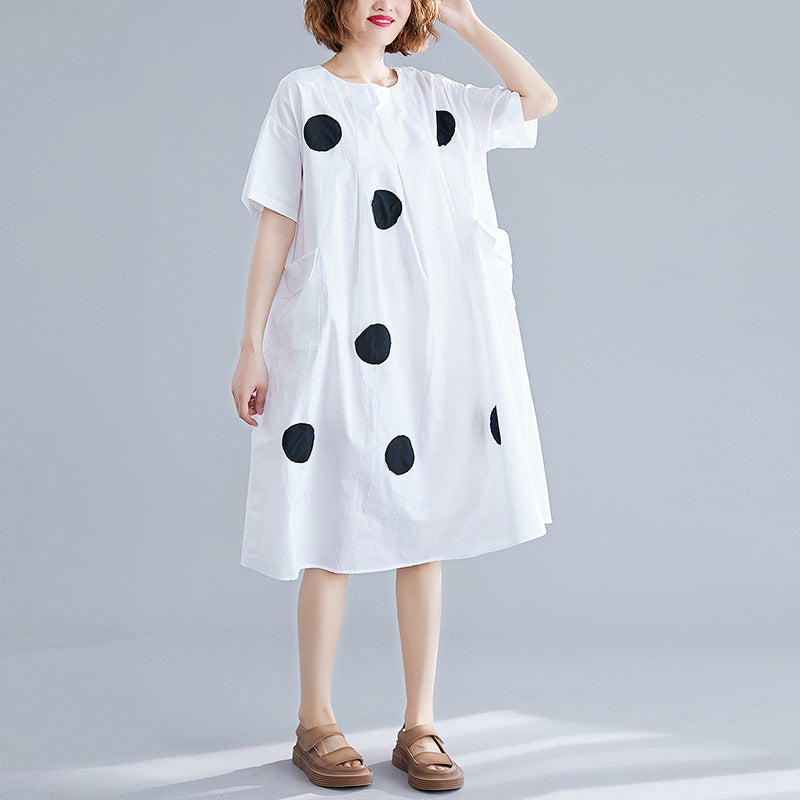 Korean-Style Polka Dot Print Midi Dress for Plus-Size Women