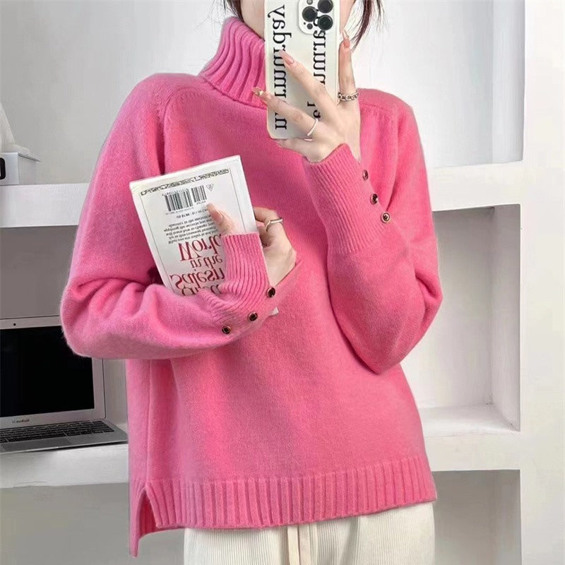 Knitted shirt with double neck pullover and long sleeves with split hem