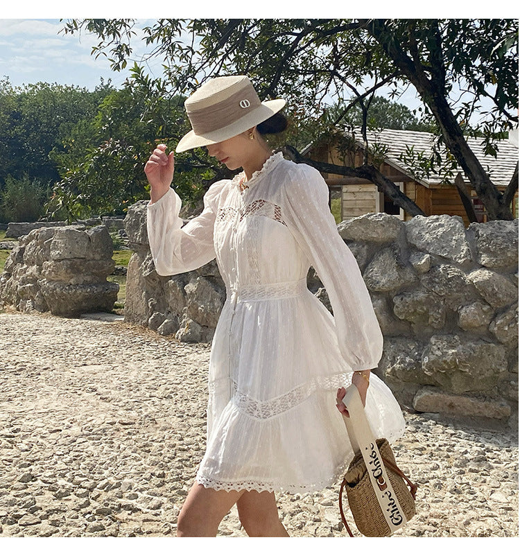 Women's Long Sleeve French Style White Vacation Dress