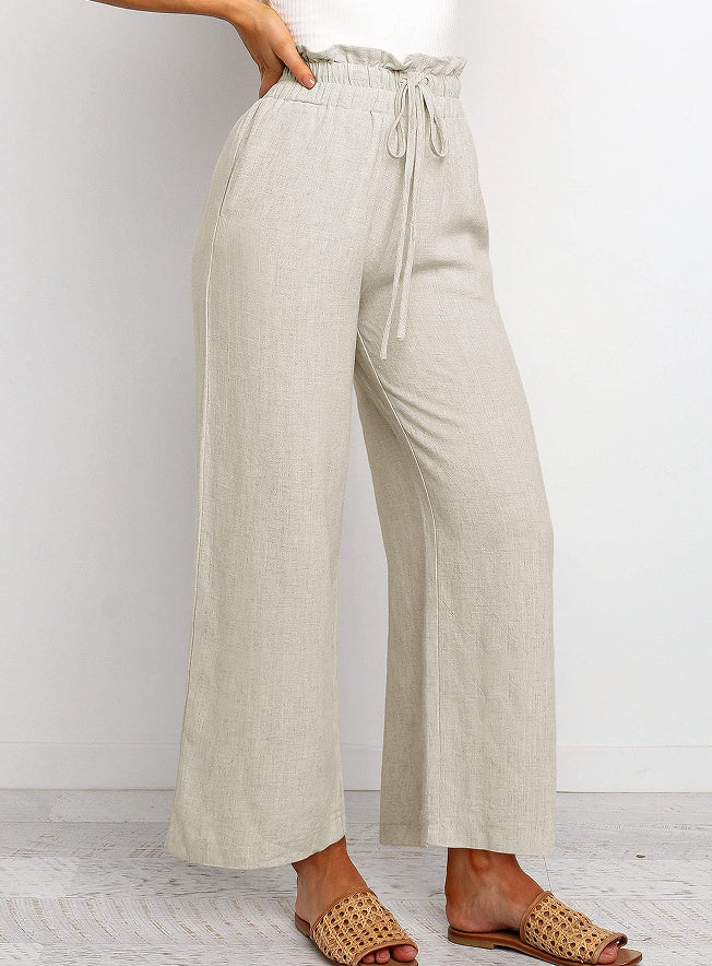 Solid Color Cropped Pants with Elastic Waistband and Lace-Up Wide Legs