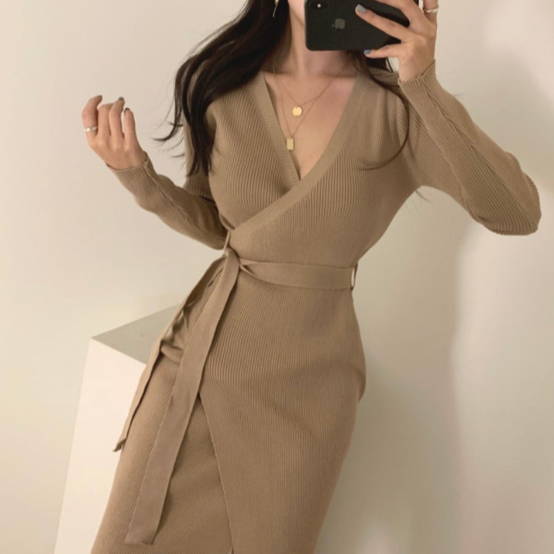 V-Neck Slit Knitted Dress Sweater with One-Step Skirt