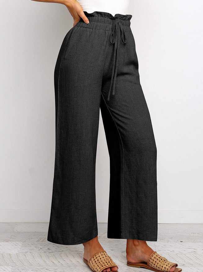 Solid Color Cropped Pants with Elastic Waistband and Lace-Up Wide Legs