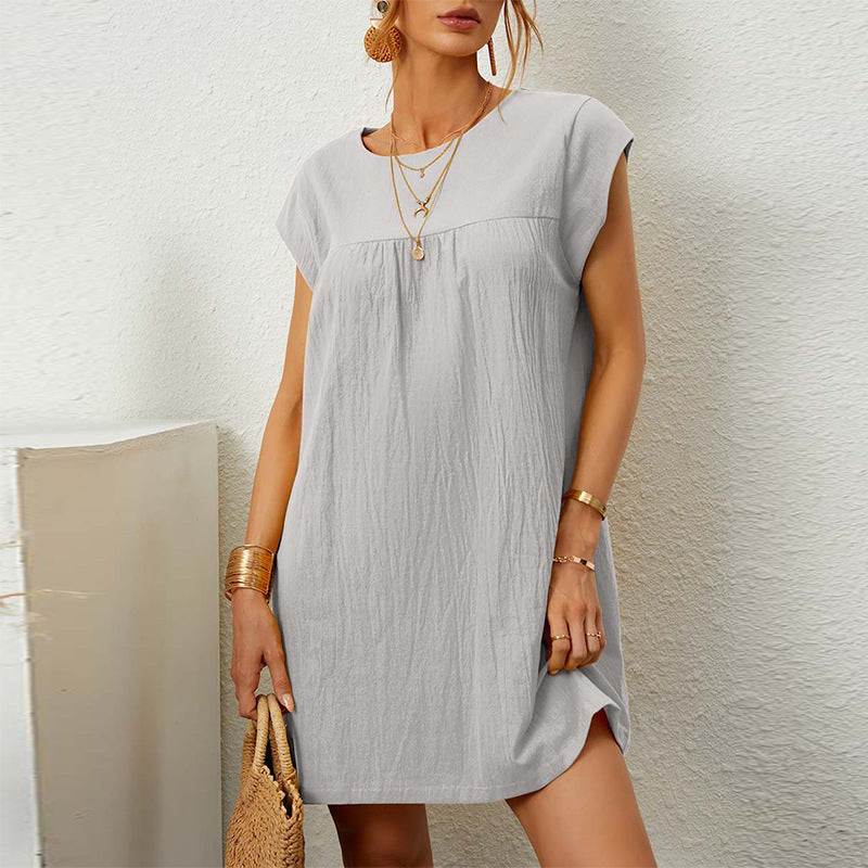 Summer Sleeveless Sleeve Round Neck Solid Color Cotton And Linen Dress