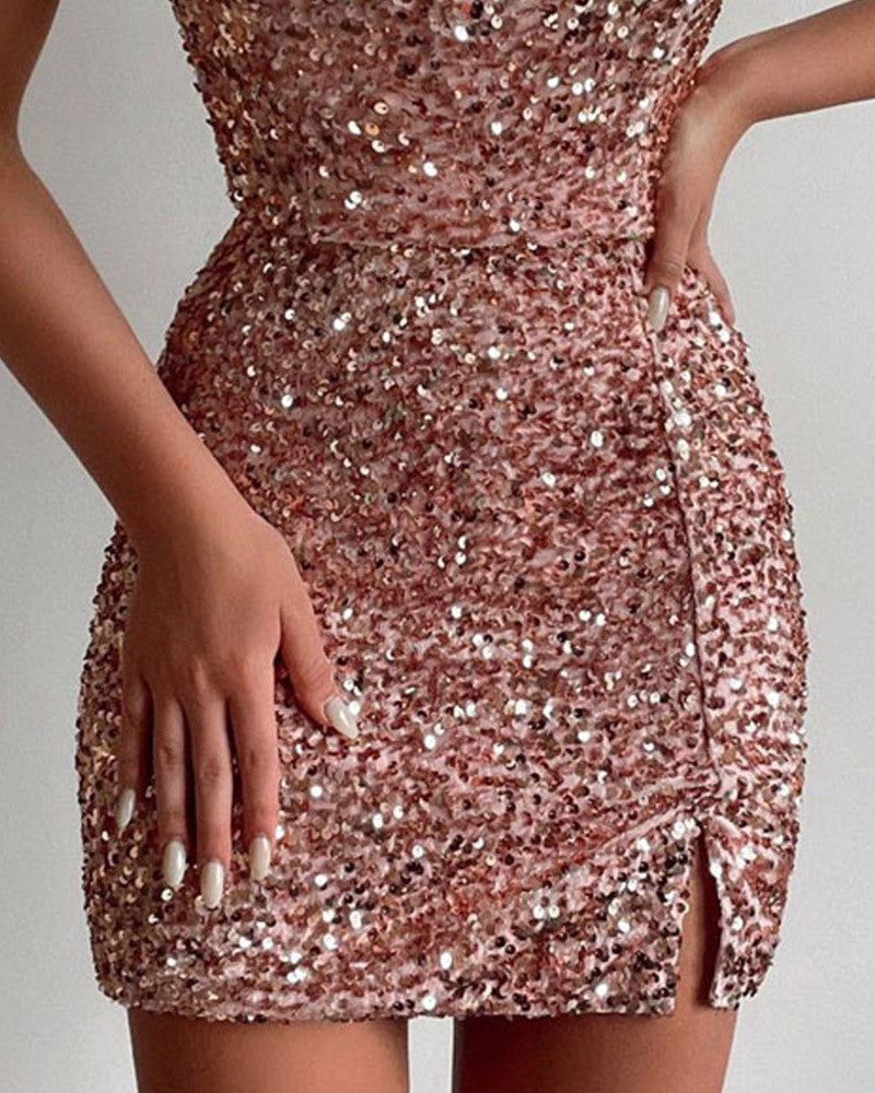 Women's Halter Sheath Dress featuring Sparkling Sequin Embellishments