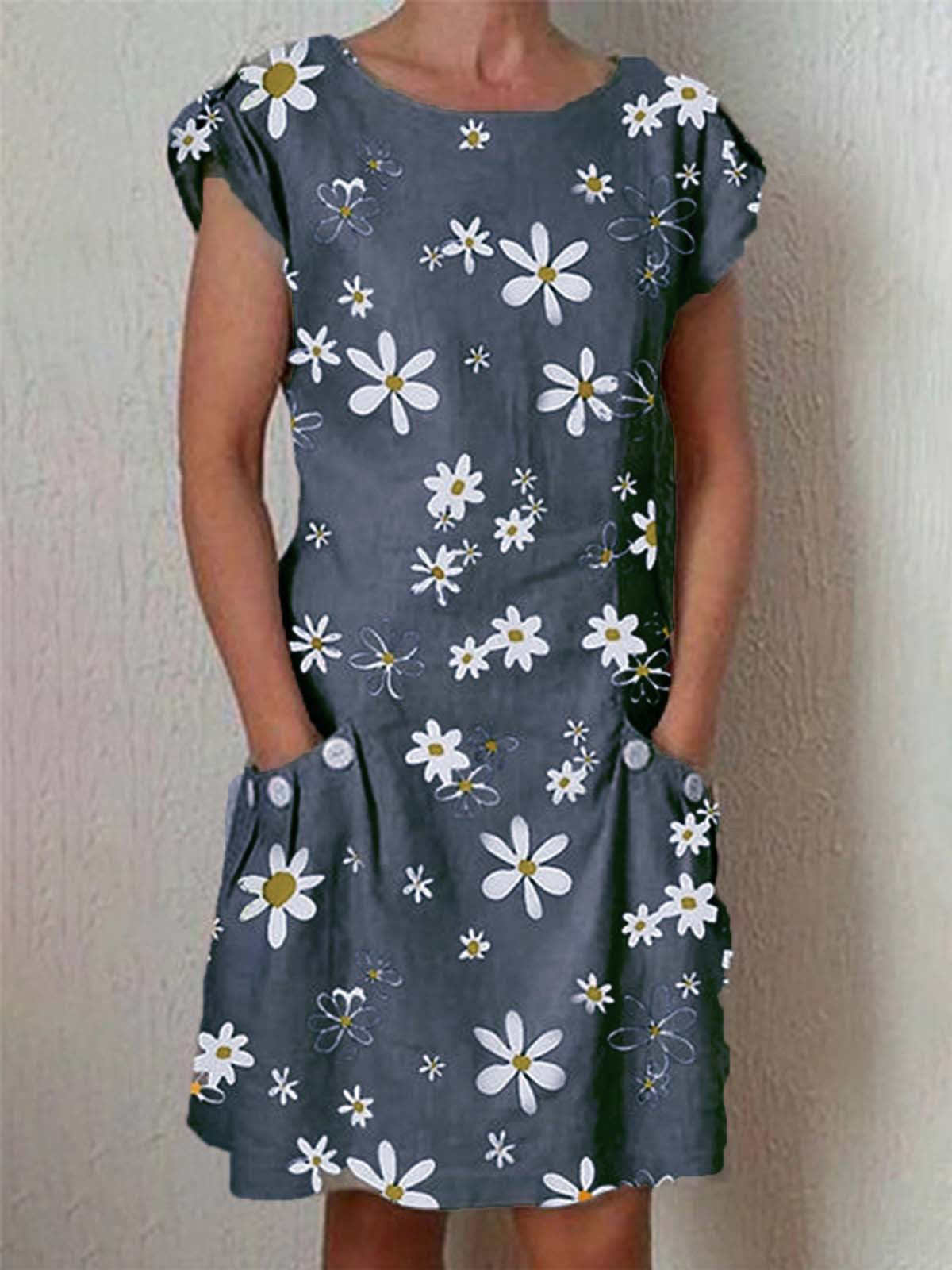 Daisy print short sleeve pocket dress