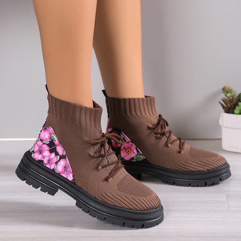 Stylish in Autumn and Winter with Flowers Print Knitted Mesh High