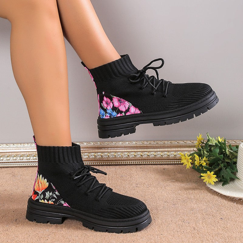 Stylish in Autumn and Winter with Flowers Print Knitted Mesh High