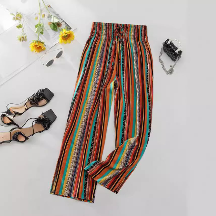 Women's Multi-Color Stripe Casual Pants with Tied Elastic Waist