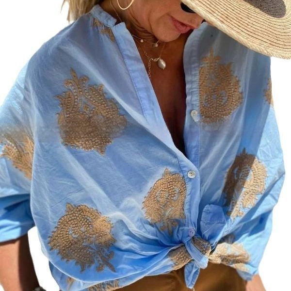 Women's Lapel Button Shirt with Printed Design and Long Sleeves