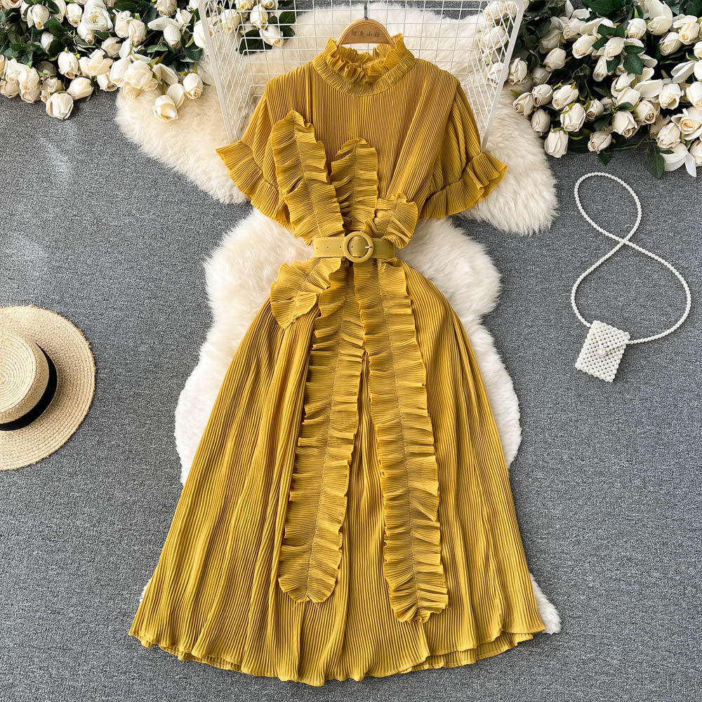 Pleated Ruffled Dress with Waist-Slimming Long Sleeves