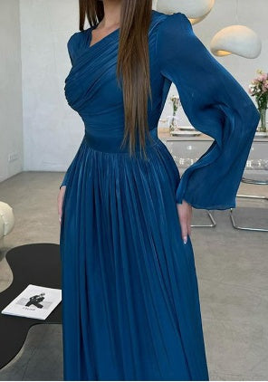 Asymmetric V-Neck Pleated Glimmer Maxi Dress with Bell Sleeves