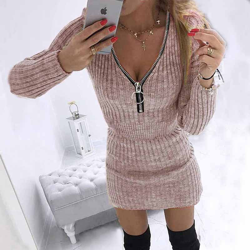 Zip Waist Long Sleeved Knitted Hip Dress