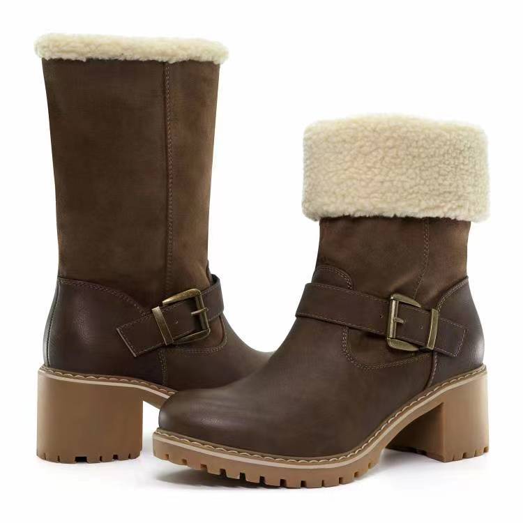 Women's Fashion Western Boots - Warm Winter Round Toe Boots with Buckle