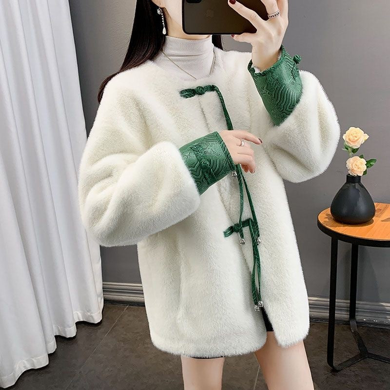 New Chinese Style Mink-Like Fur Coat Made of Wool and Leather