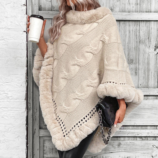 Fur Collar Hemp Pattern Cardigan Cape Sweater for Stylish Women